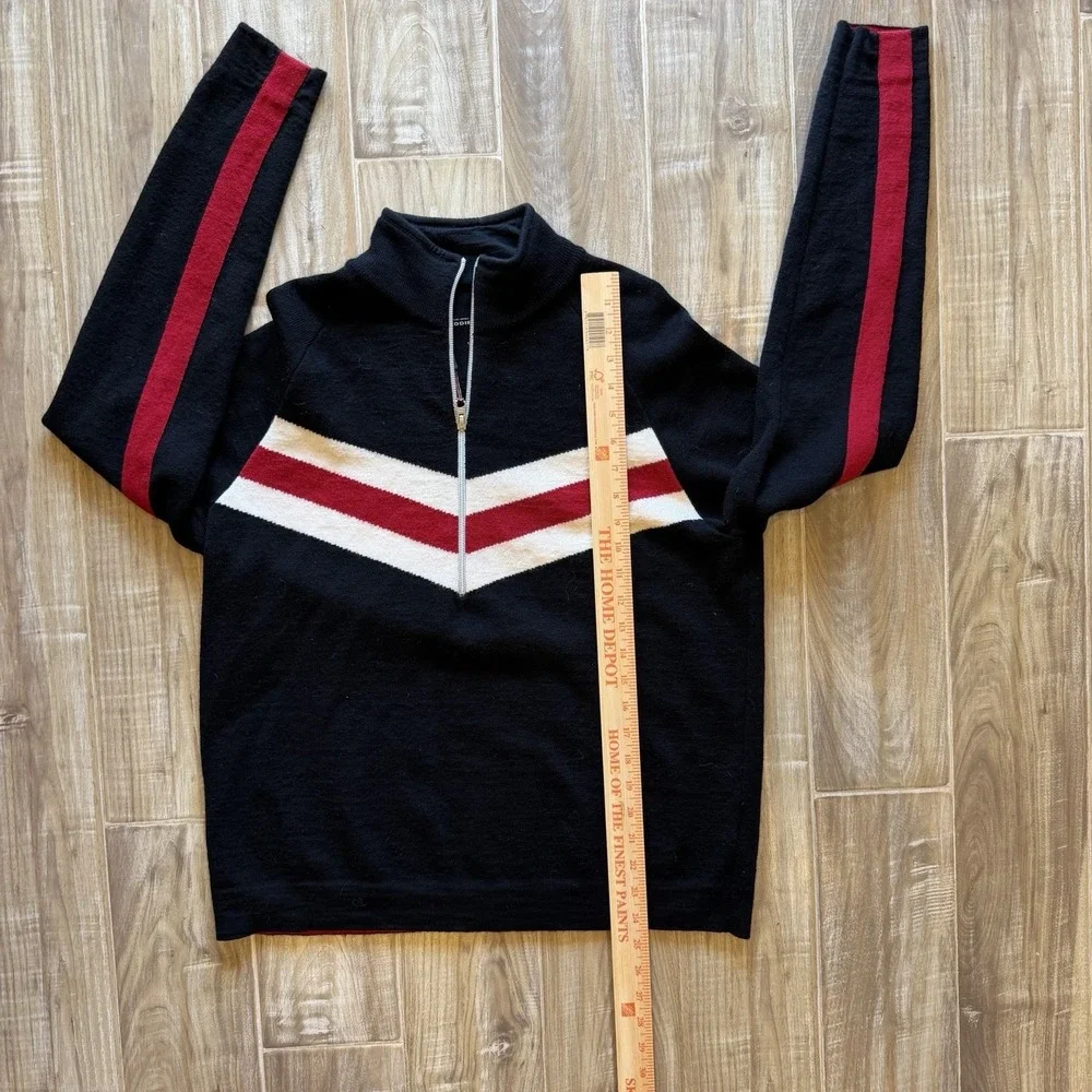 Eddie Bauer 100% Merino Wool Striped 1/2 Zip Mock Neck Sweater M Black Red White